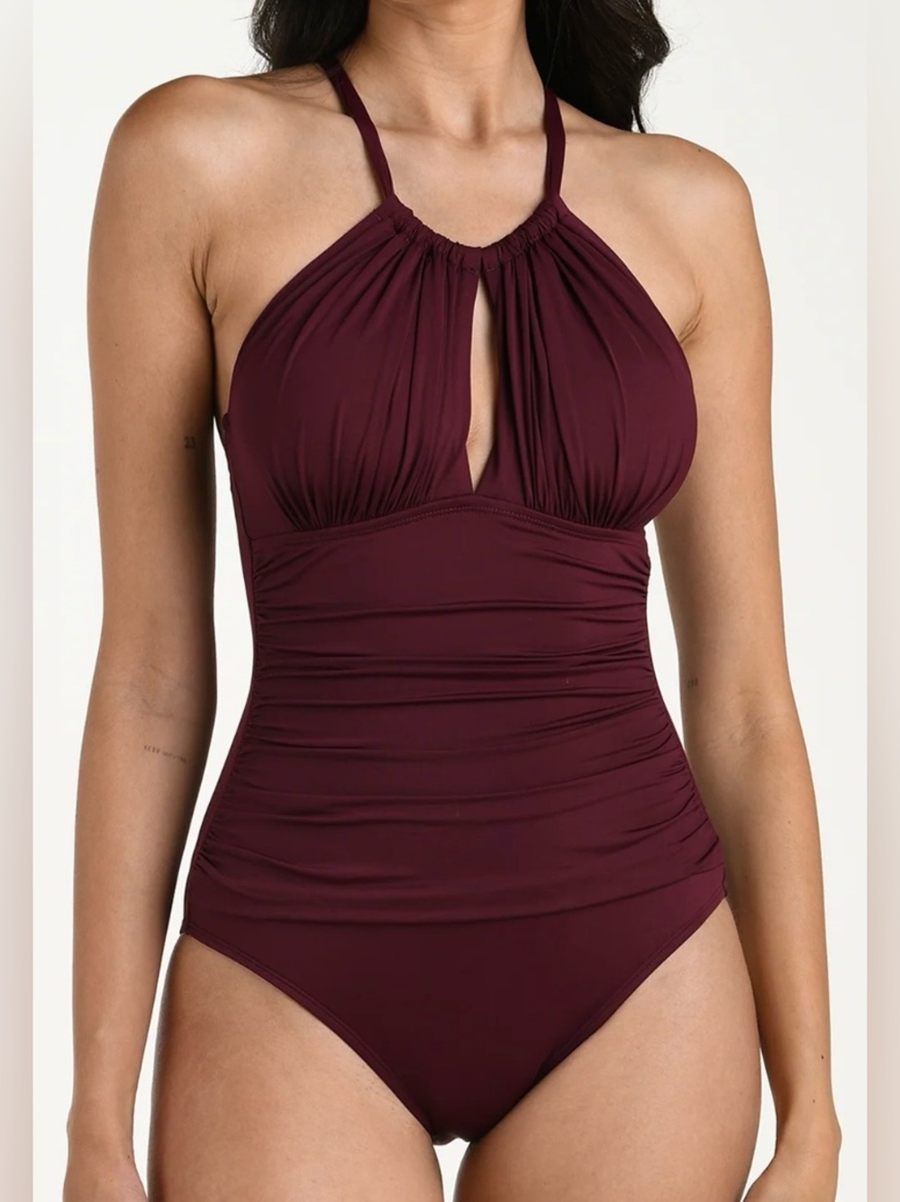 La Blanca Island Goddess High Neck Keyhole One Piece - Dark Cherry